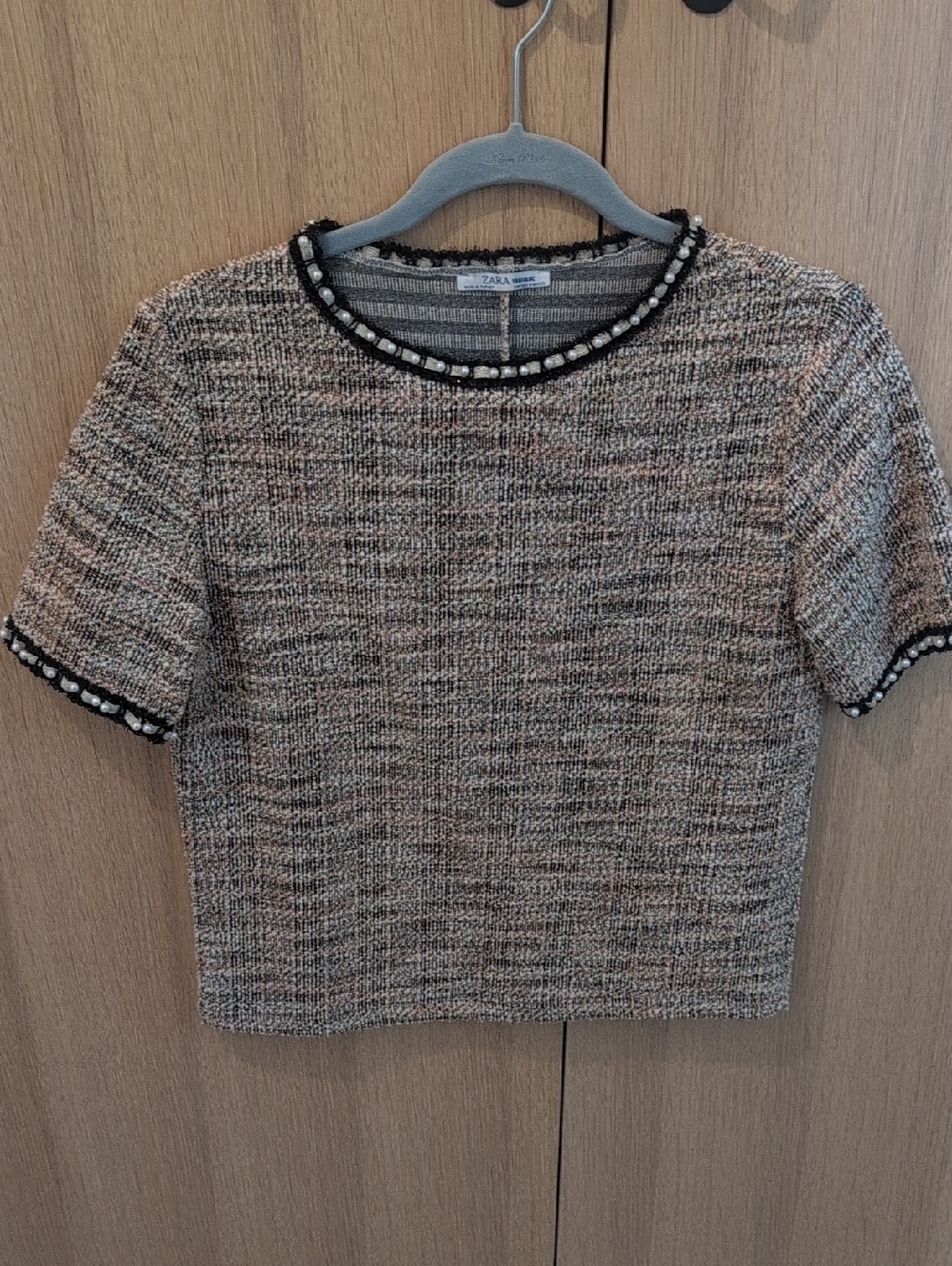 Zara Multicolor Tweed Short-Sleeve Crop Top with Black & White Trim